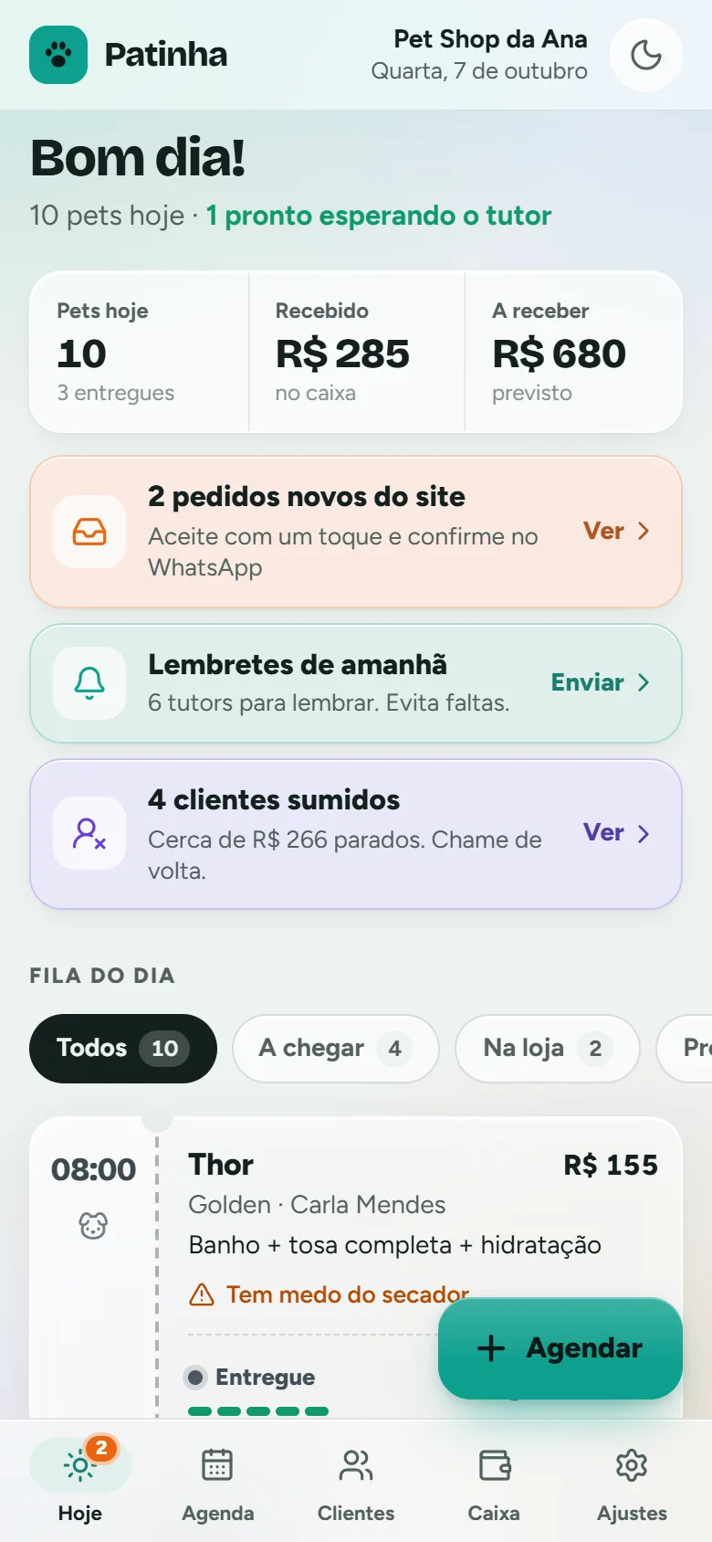 Tela Hoje do Patinha com 10 pets no dia e R$ 285 recebidos