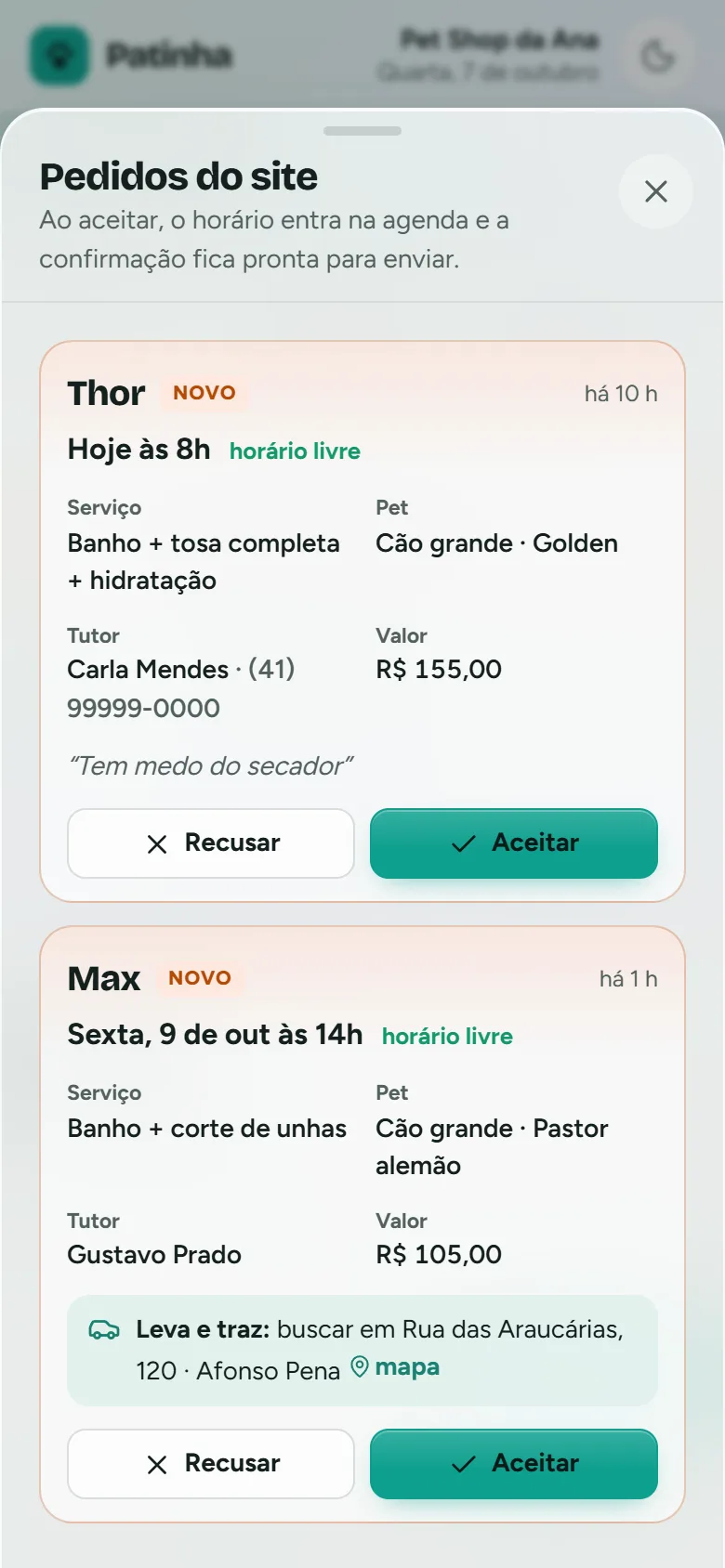 Pedidos do site com o pedido do Thor esperando para ser aceito