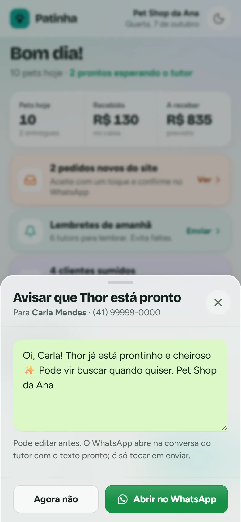 Mensagem pronta para a Carla avisando que o Thor está pronto